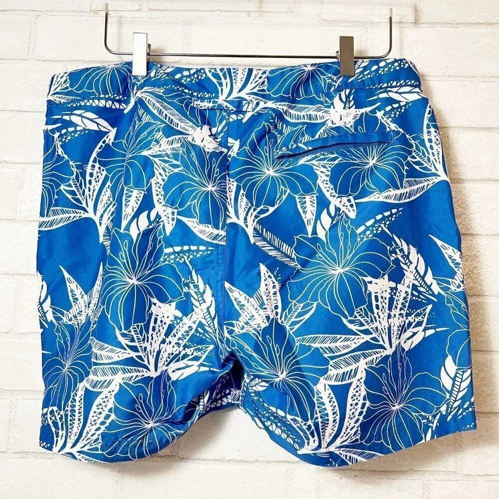 Ibiza Ocean Club Men's Swim Trunks Blue Aloha‎ White Floral Hibiscus Size 34